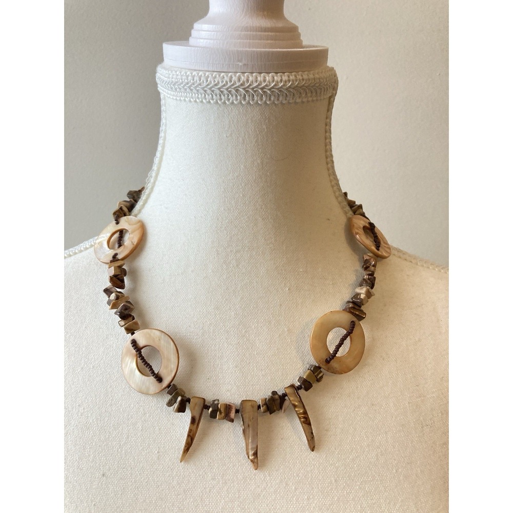 Brown Shell Chip Bead Necklace Mother of Pearl Donut Charms Earthy Tribal